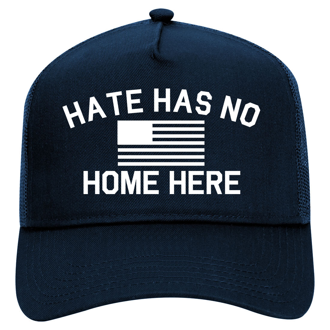 Hate Has No Home Here America Flag Mens Mesh Trucker Hat Navy Blue