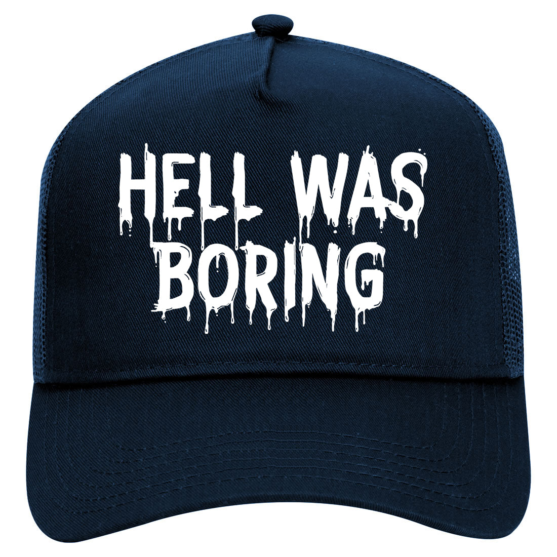 Hell Was Boring Mens Mesh Trucker Hat Navy Blue