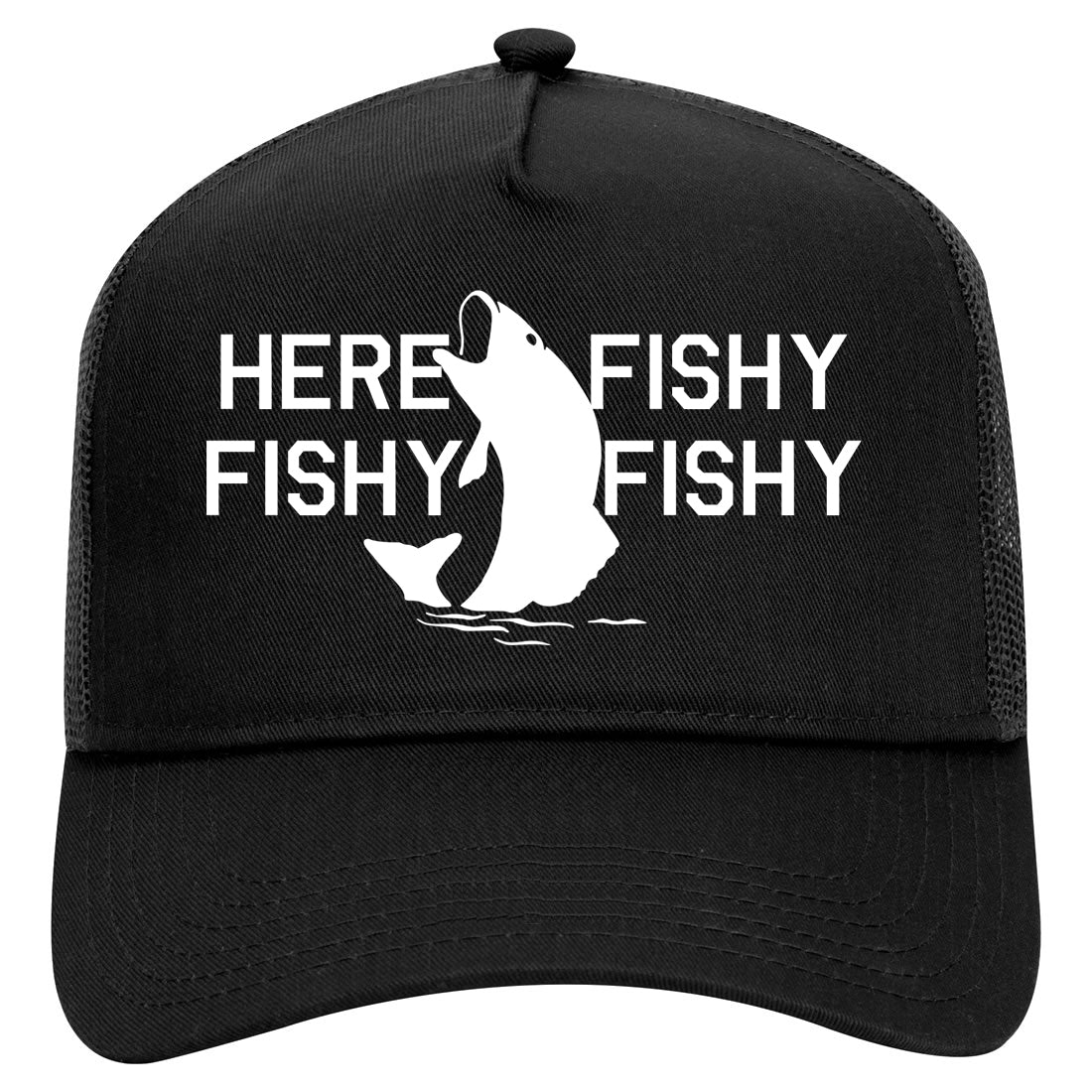 Here Fishy Fishy Fishy Fisherman Mens Mesh Trucker Hat Black