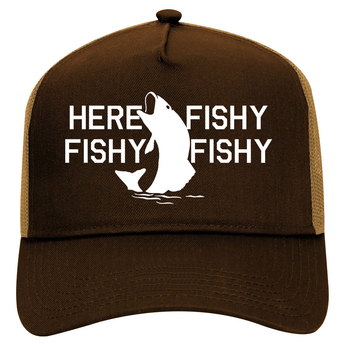 Here Fishy Fishy Fishy Fisherman Mens Mesh Trucker Hat Brown
