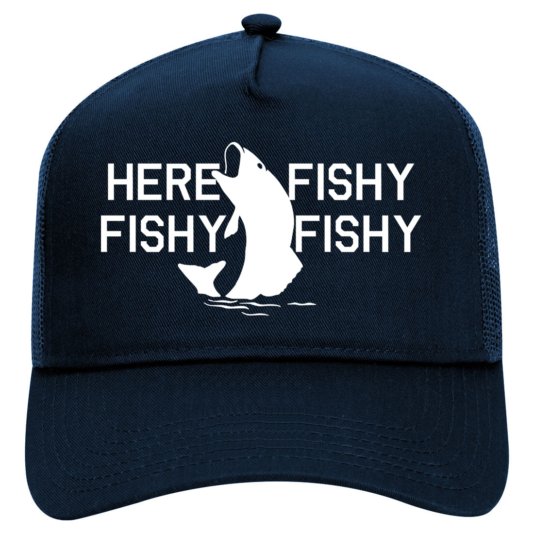 Here Fishy Fishy Fishy Fisherman Mens Mesh Trucker Hat Navy Blue