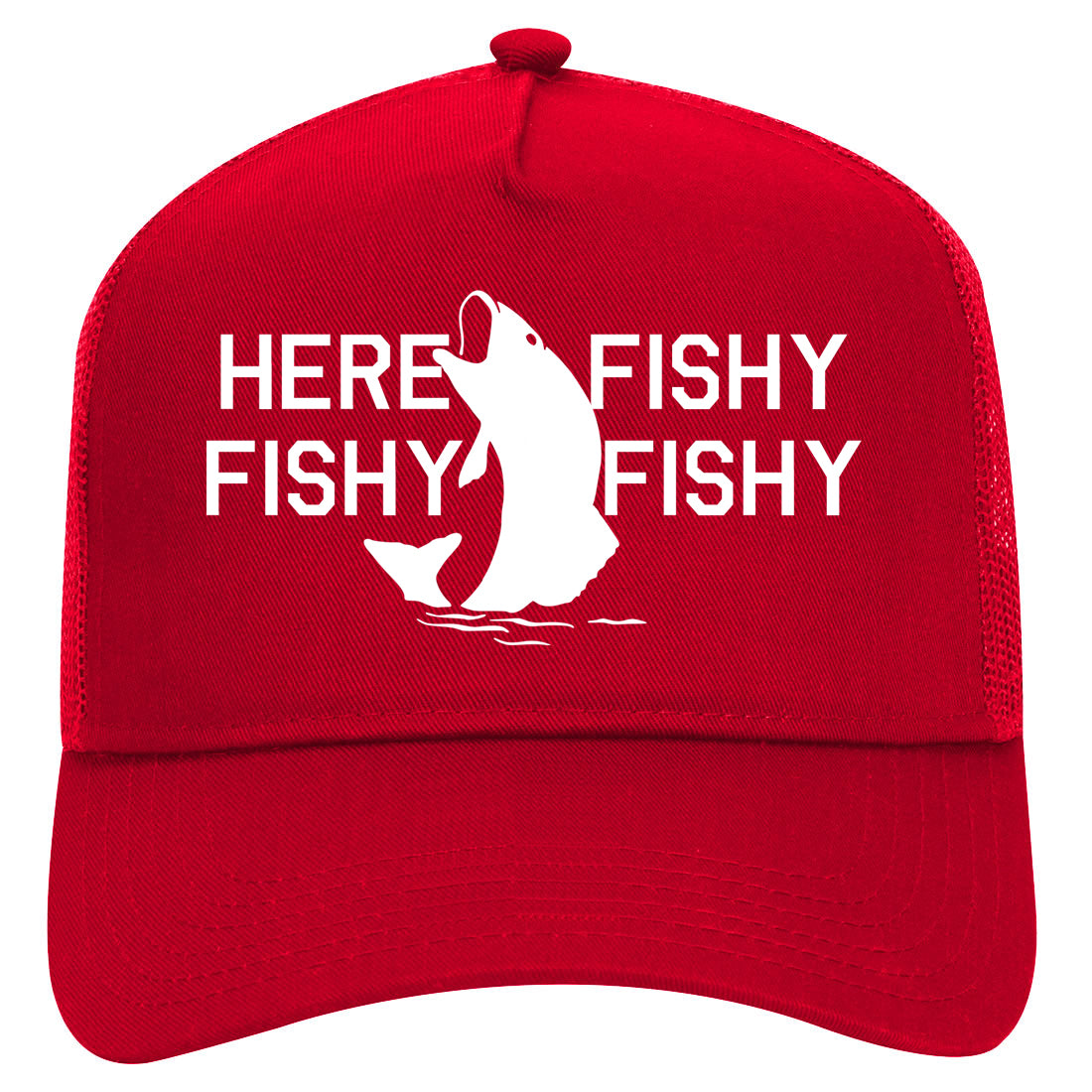 Here Fishy Fishy Fishy Fisherman Mens Mesh Trucker Hat Red