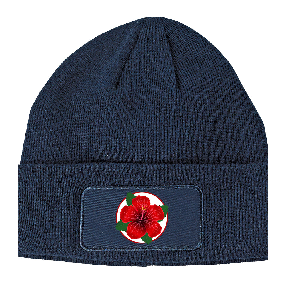 Hibiscus Flower Chest Winter Knit Adult Beanie Hat Navy Blue