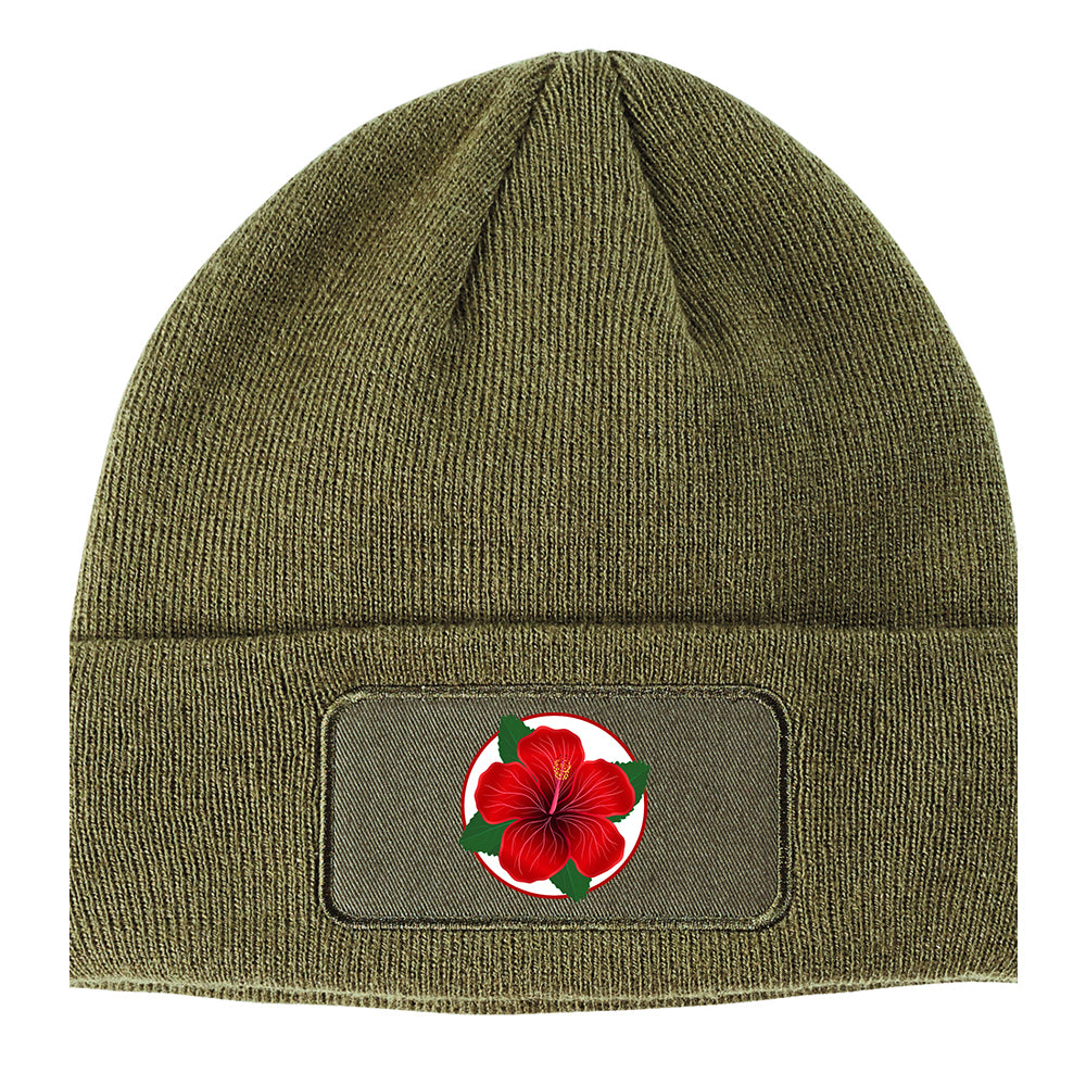Hibiscus Flower Chest Winter Knit Adult Beanie Hat Olive Green