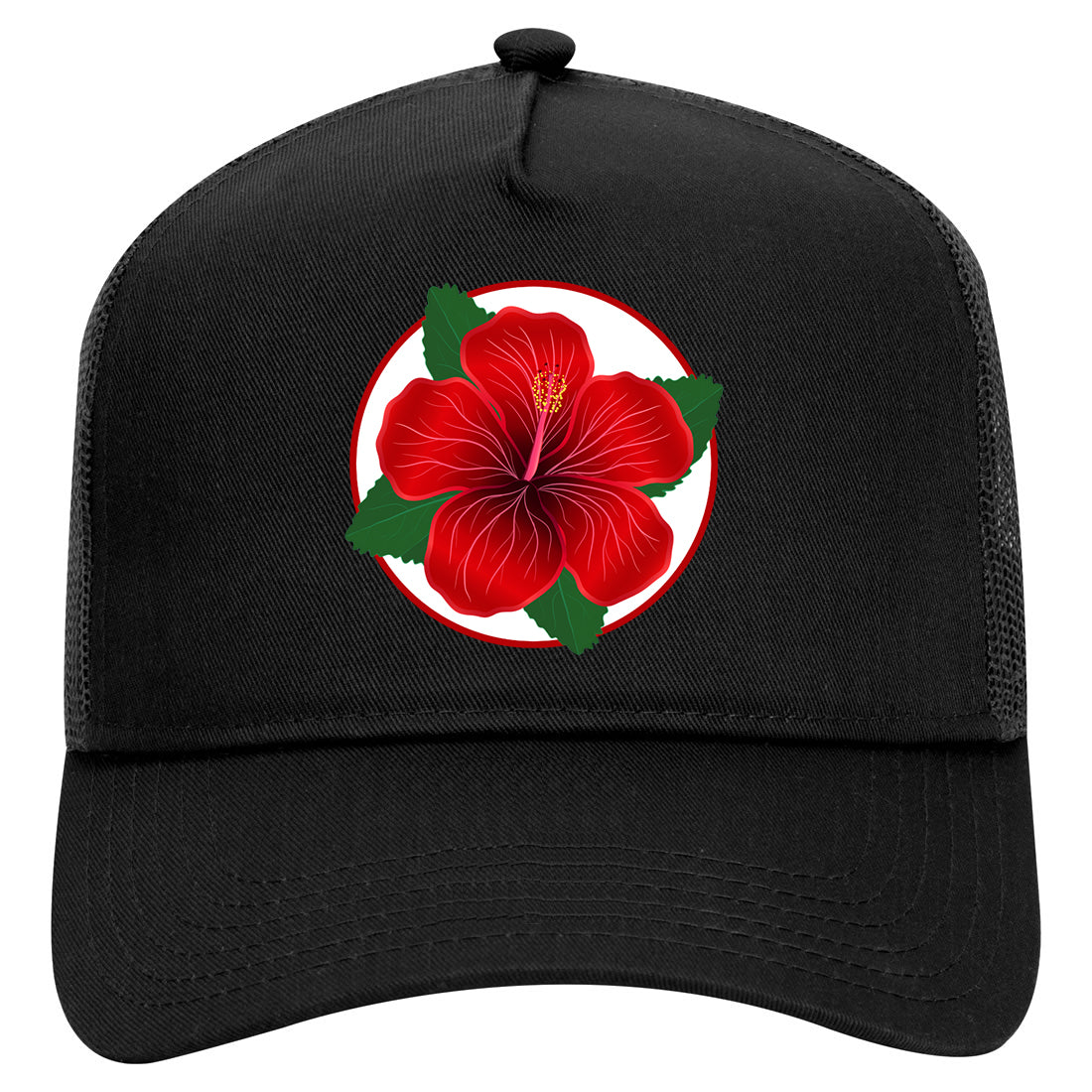 Hibiscus Flower Chest Mens Mesh Trucker Hat Black