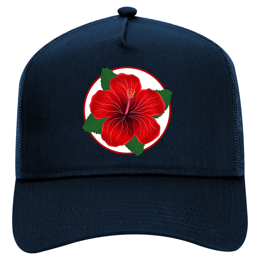 Hibiscus Flower Chest Mens Mesh Trucker Hat Navy Blue