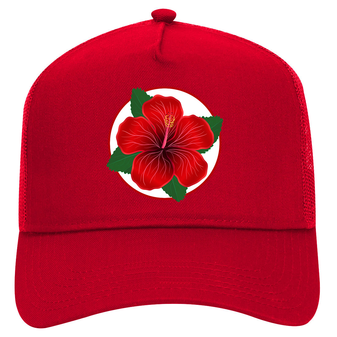 Hibiscus Flower Chest Mens Mesh Trucker Hat Red