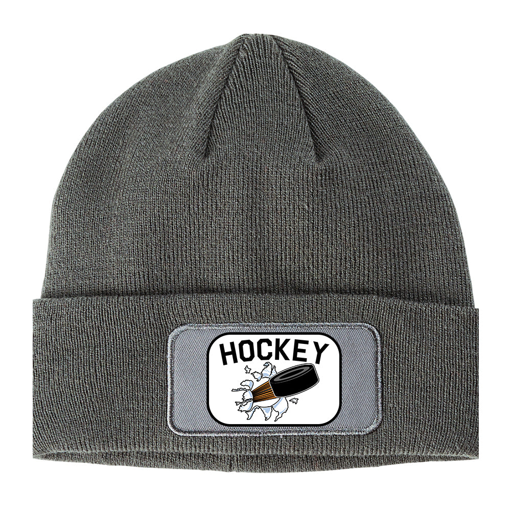 Hockey Goalie Puck  Winter Knit Adult Beanie Hat Grey