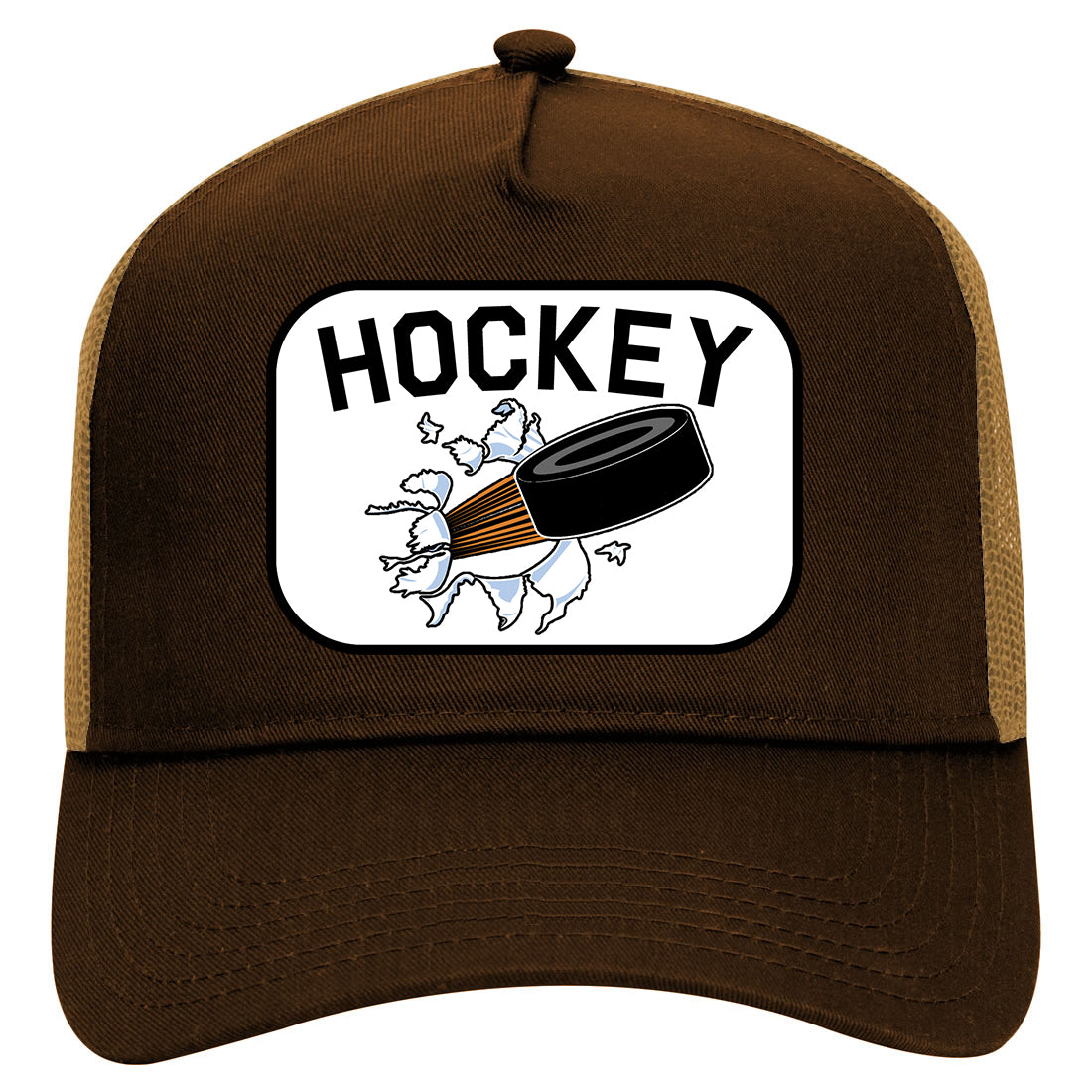 Hockey Goalie Puck  Mens Mesh Trucker Hat Brown