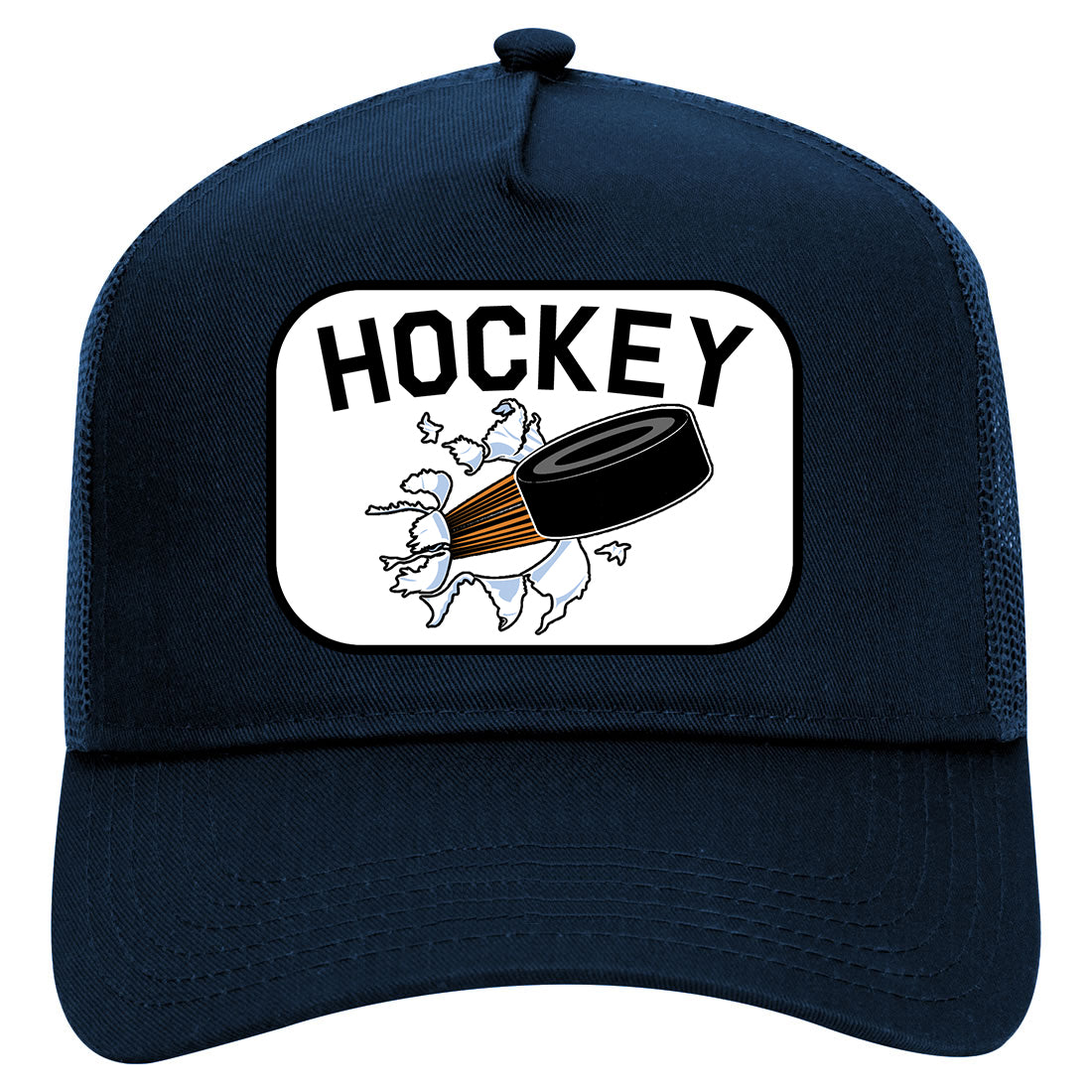 Hockey Goalie Puck  Mens Mesh Trucker Hat Navy Blue