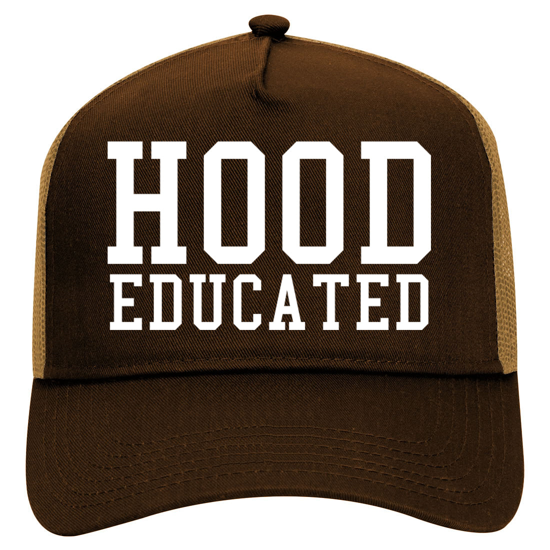 Hood Educated Funny College Mens Mesh Trucker Hat Brown