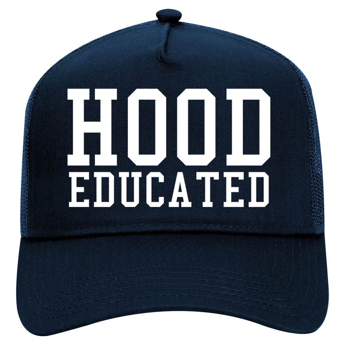 Hood Educated Funny College Mens Mesh Trucker Hat Navy Blue