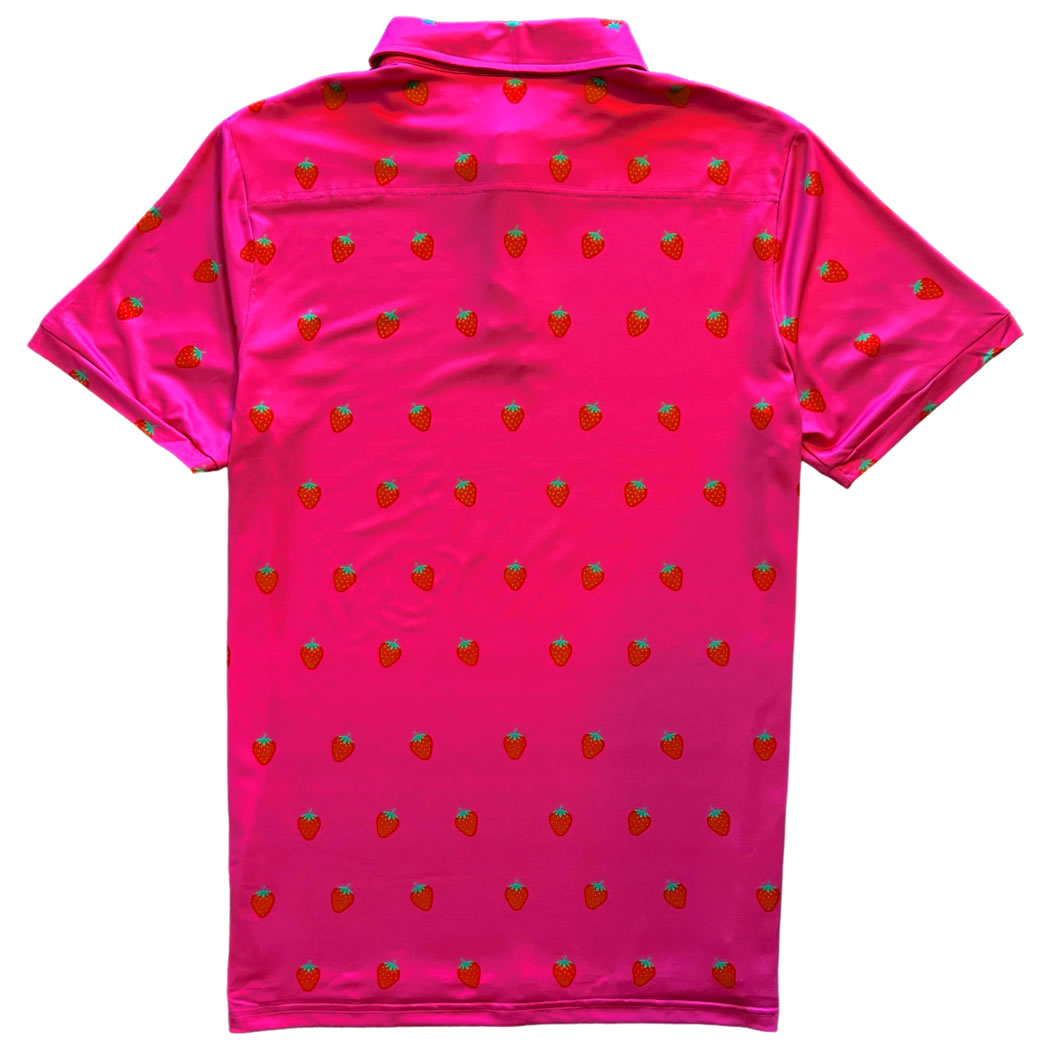 Hot Pink Strawberry Fruit Men's Polo Golf Shirt Back