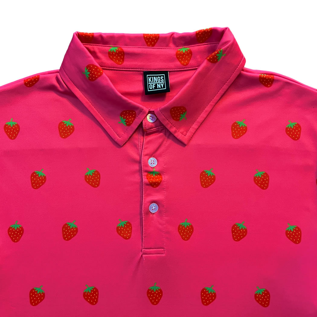 Hot Pink Strawberry Fruit Men's Polo Golf Shirt Brand Label