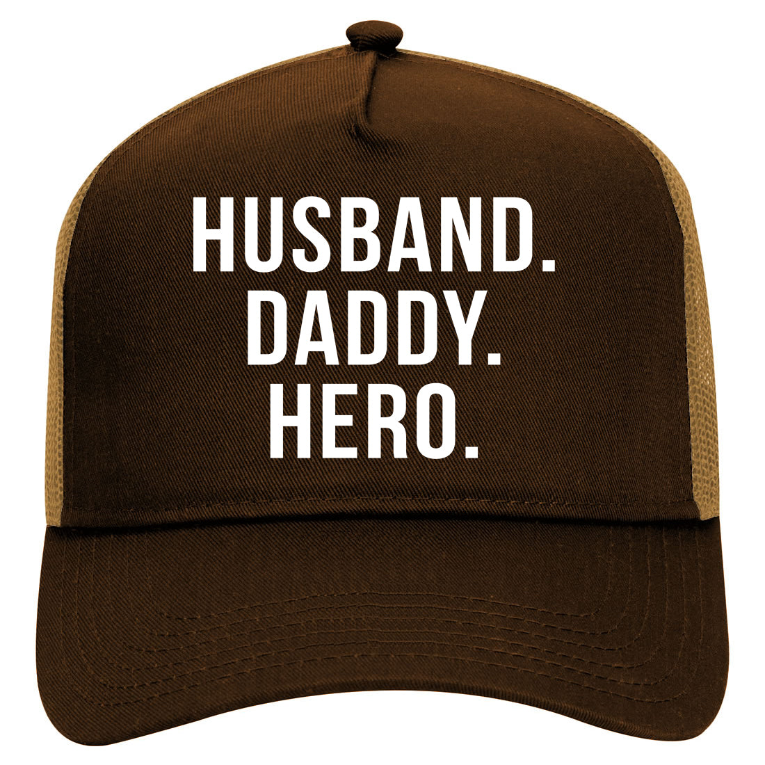 Husband Dad Hero Mens Mesh Trucker Hat Brown