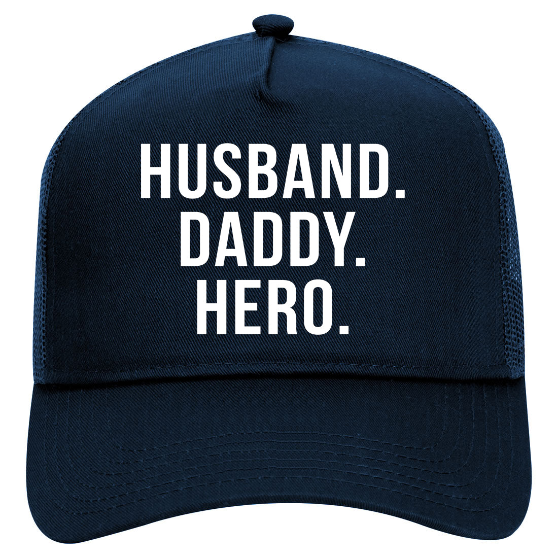 Husband Dad Hero Mens Mesh Trucker Hat Navy Blue