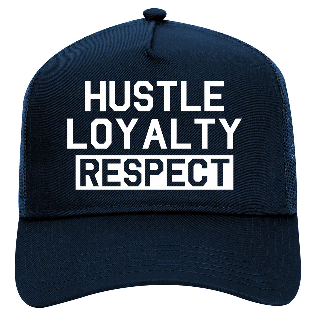 Hustle Loyalty Respect Mens Mesh Trucker Hat Navy Blue
