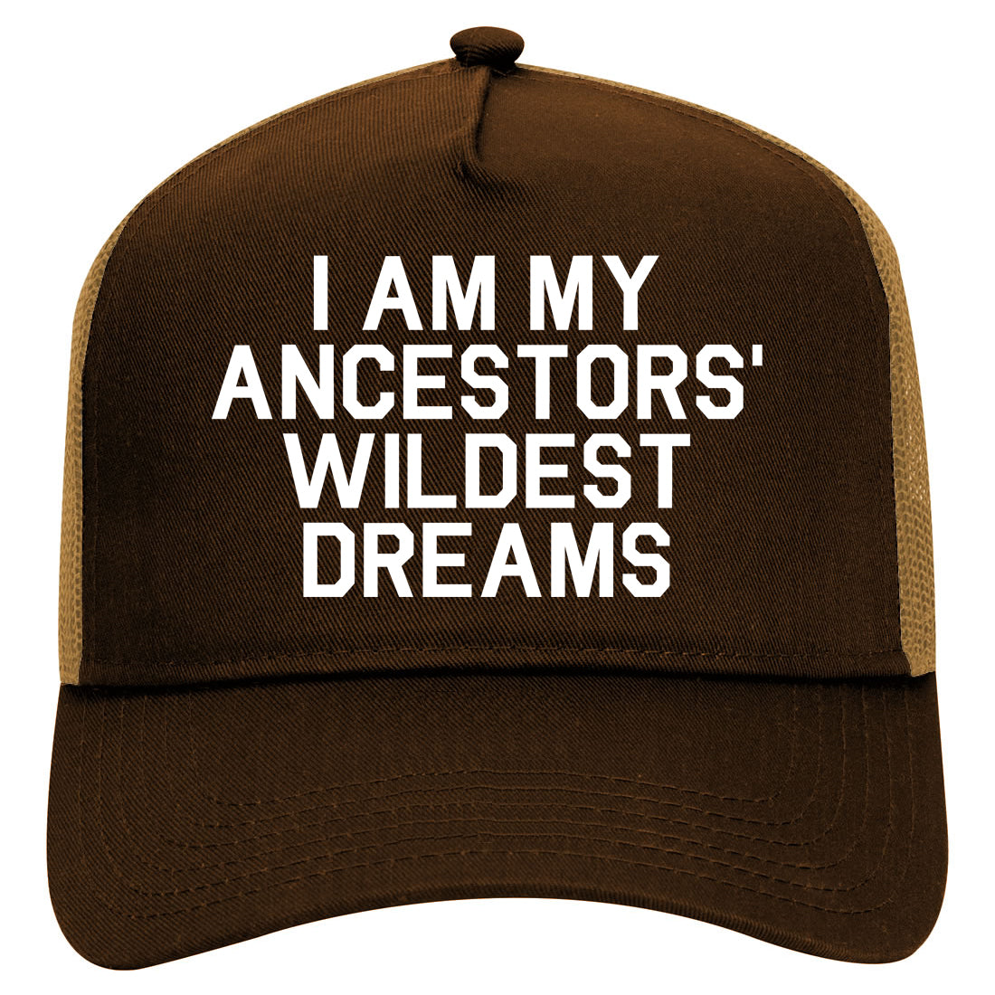 I Am My Ancestors Wildest Dreams Mens Mesh Trucker Hat Brown