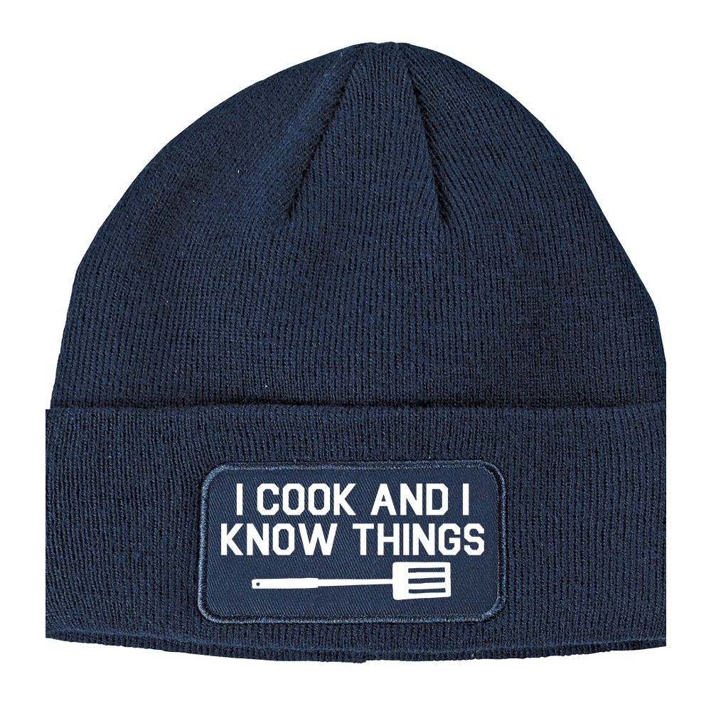 I Cook And I Know Things Chef Winter Knit Adult Beanie Hat Navy Blue