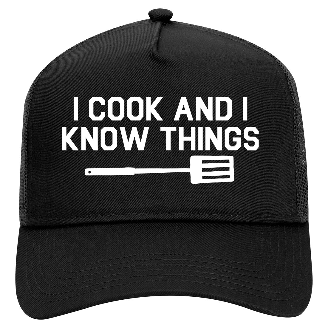 I Cook And I Know Things Chef Mens Mesh Trucker Hat Black