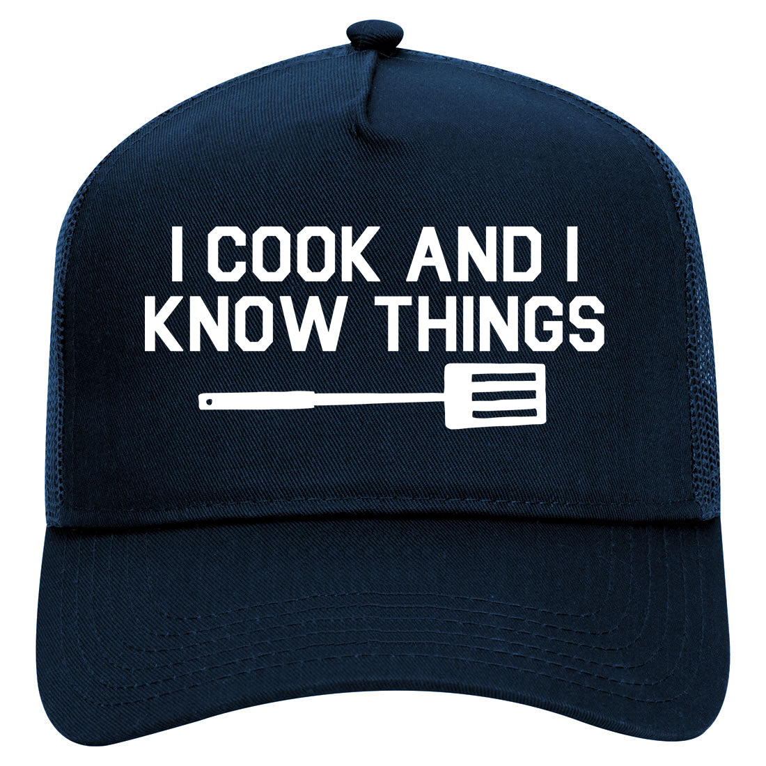 I Cook And I Know Things Chef Mens Mesh Trucker Hat Navy Blue