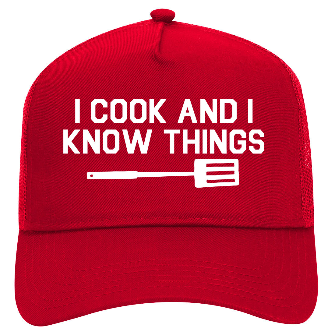 I Cook And I Know Things Chef Mens Mesh Trucker Hat Red