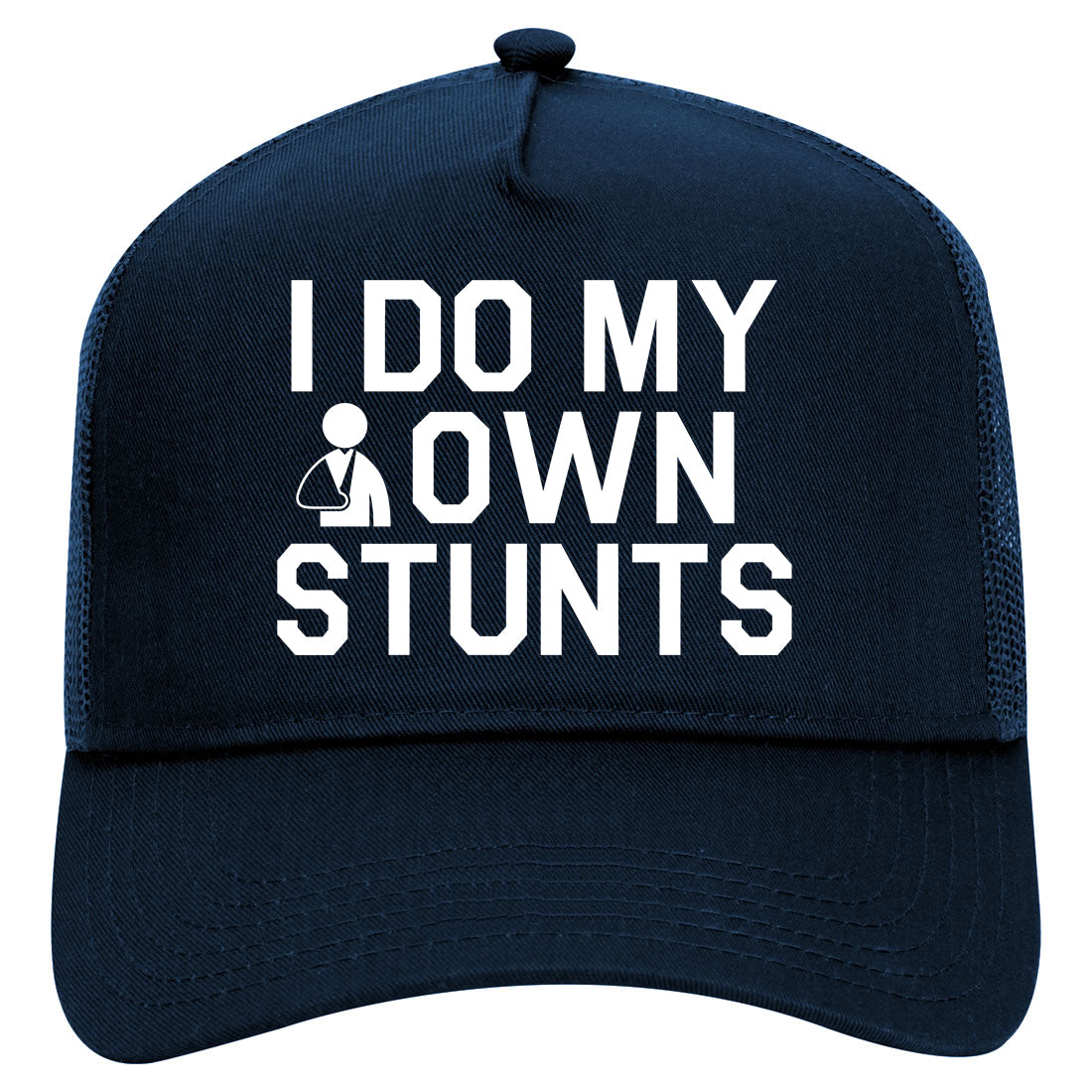 I Do My Own Stunts Broken Arm Mens Mesh Trucker Hat Navy Blue