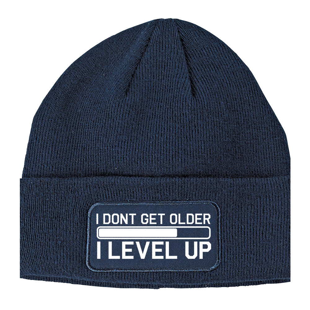 I Dont Get Older I Level Up Funny Birthday Winter Knit Adult Beanie Hat Navy Blue