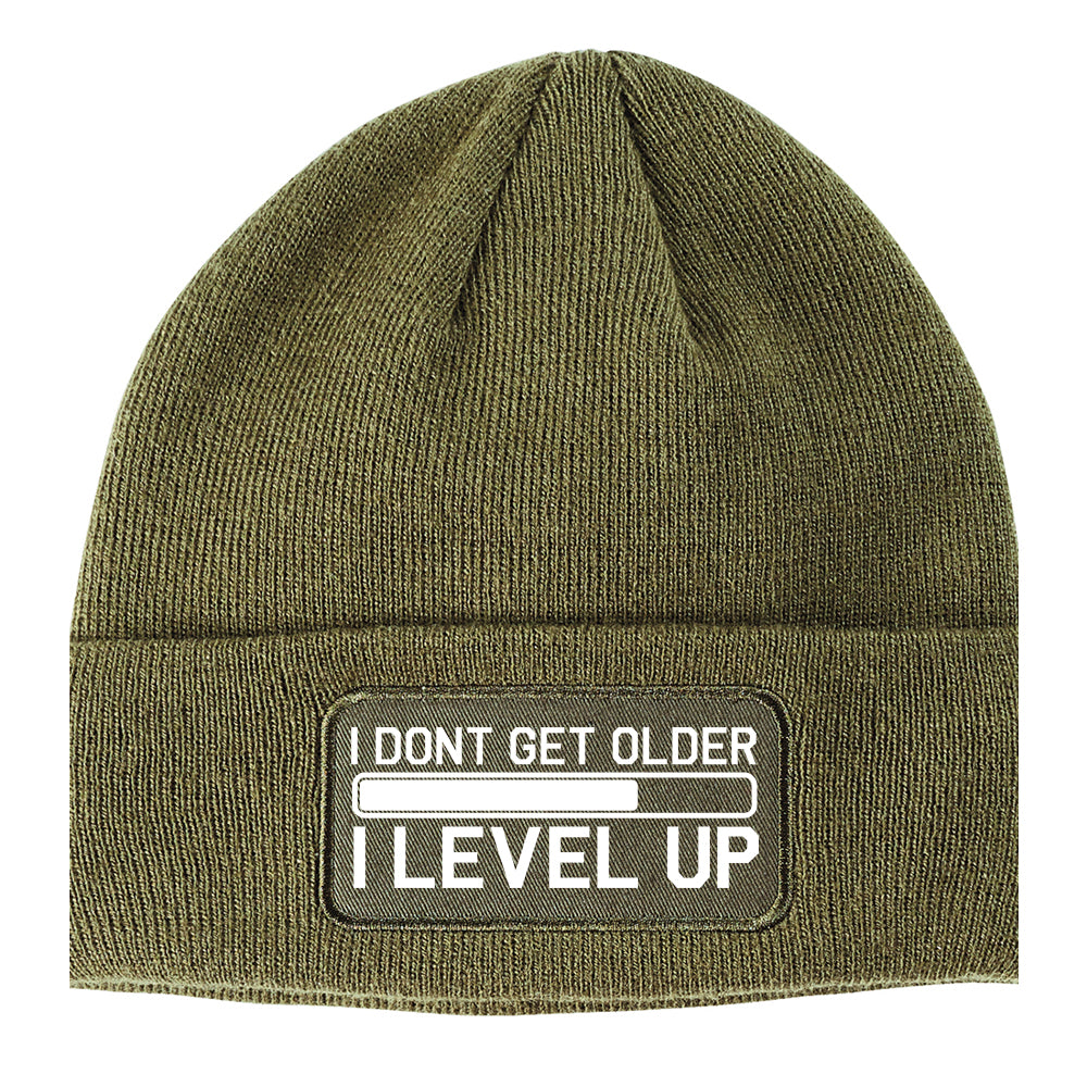 I Dont Get Older I Level Up Funny Birthday Winter Knit Adult Beanie Hat Olive Green
