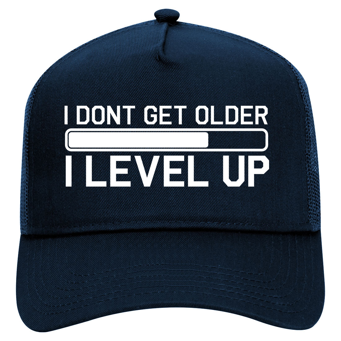 I Dont Get Older I Level Up Funny Birthday Mens Mesh Trucker Hat Navy Blue