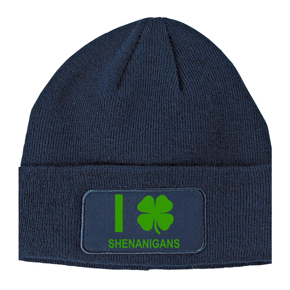 I Love Shenanigans Shamrock Winter Knit Adult Beanie Hat Navy Blue