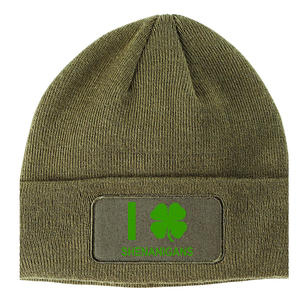 I Love Shenanigans Shamrock Winter Knit Adult Beanie Hat Olive Green