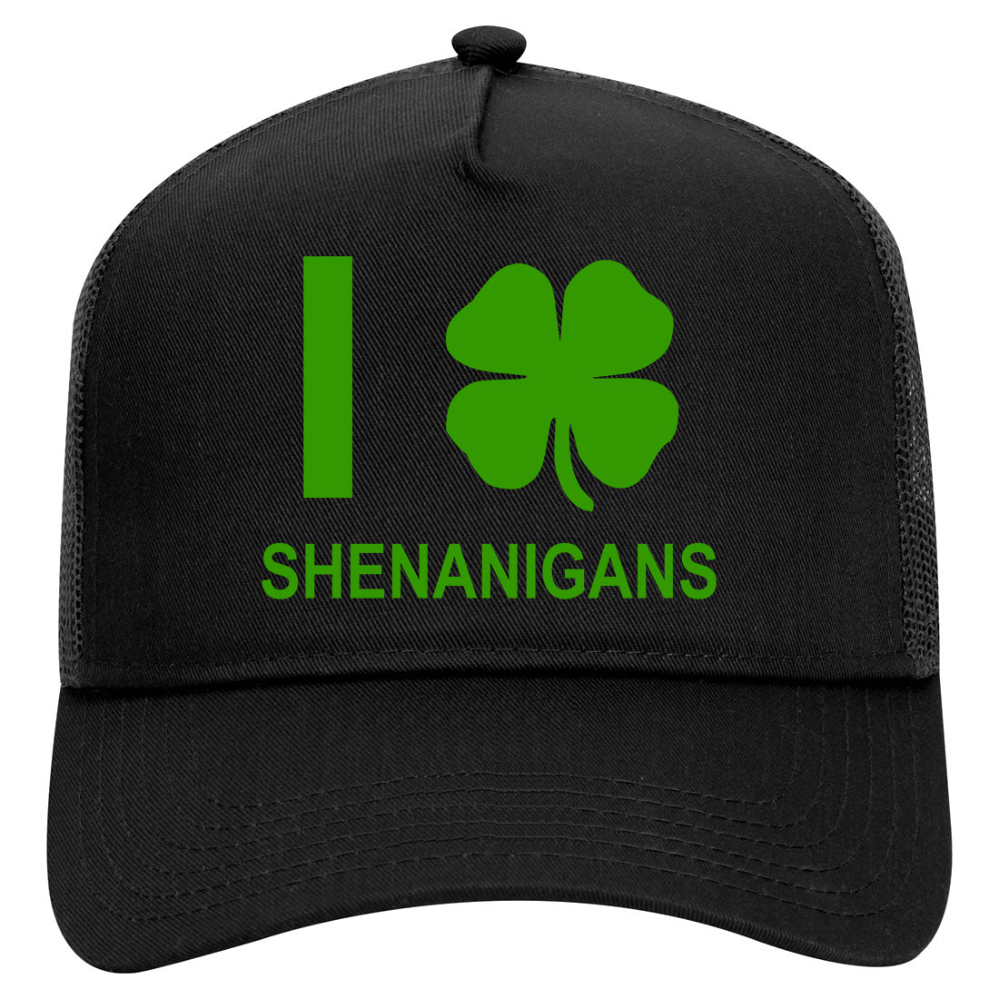 I Love Shenanigans Shamrock Mens Mesh Trucker Hat Black
