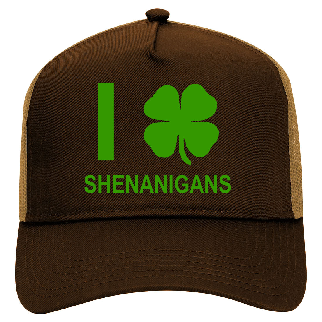 I Love Shenanigans Shamrock Mens Mesh Trucker Hat Brown
