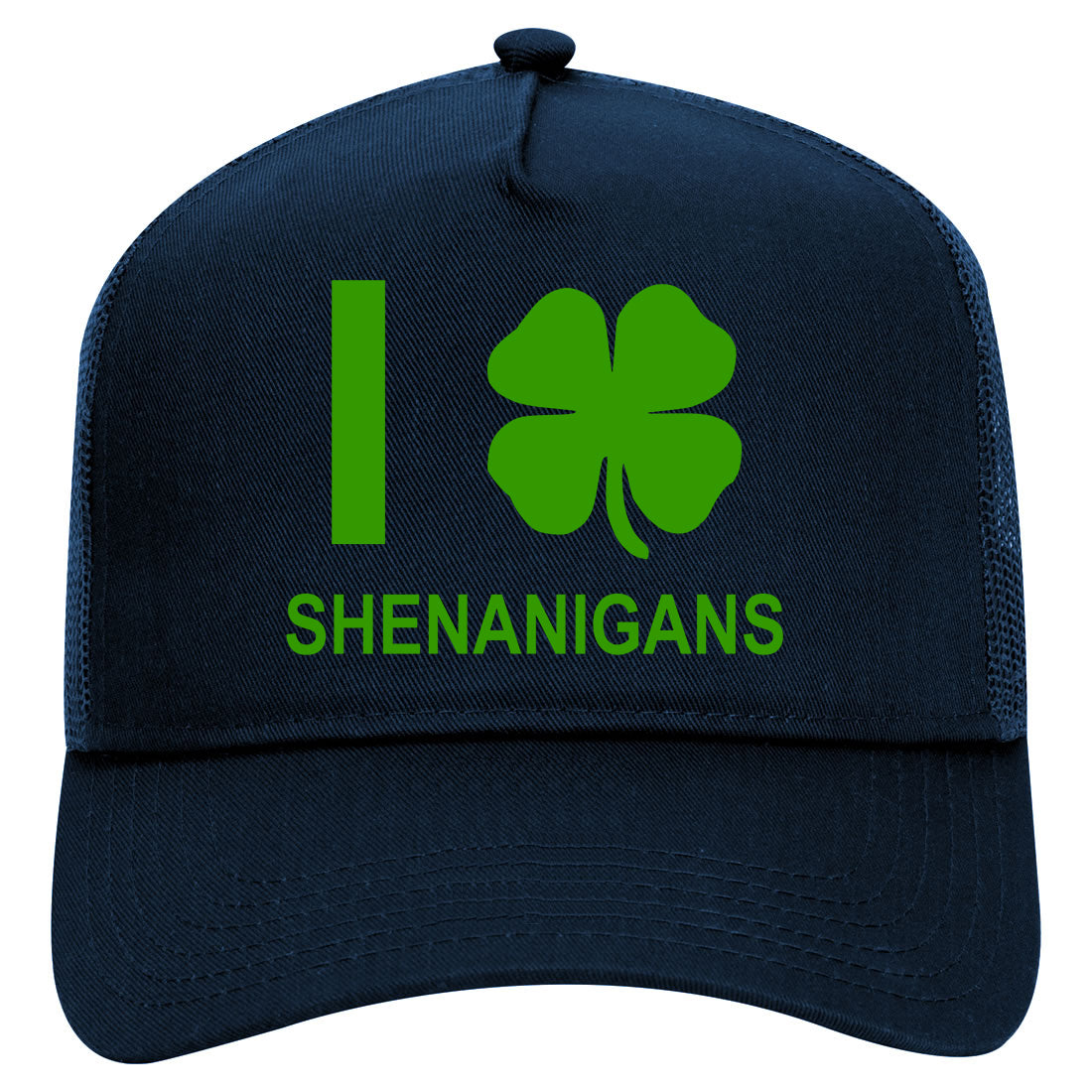 I Love Shenanigans Shamrock Mens Mesh Trucker Hat Navy Blue