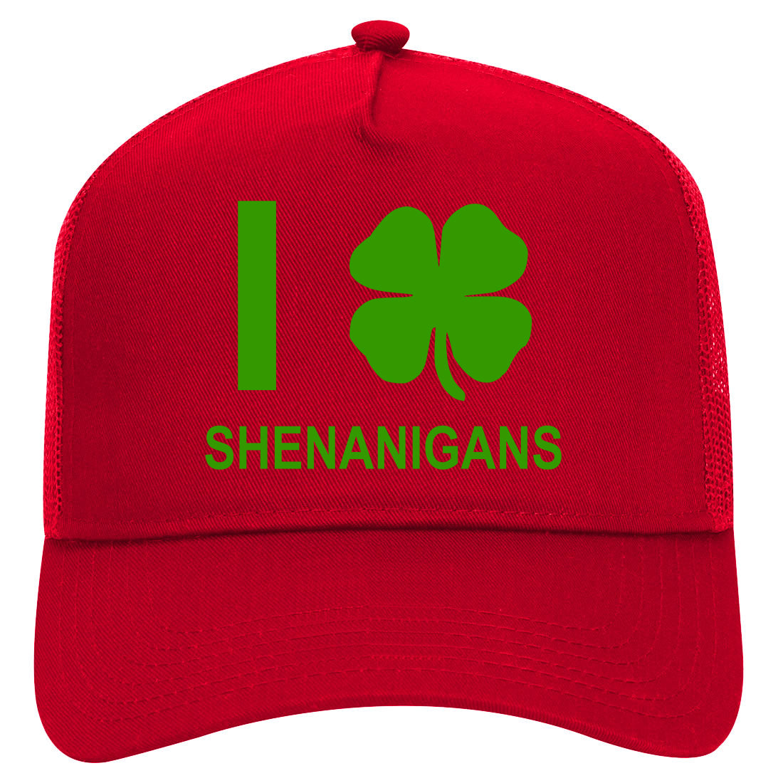 I Love Shenanigans Shamrock Mens Mesh Trucker Hat Red