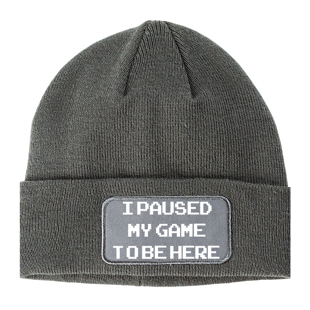 I Paused My Game To Be Here Gamer Winter Knit Adult Beanie Hat Grey