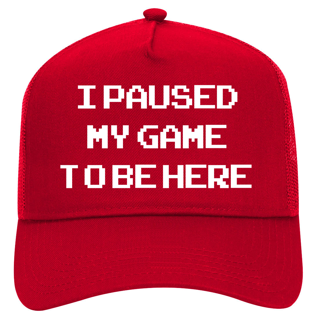 I Paused My Game To Be Here Gamer Mens Mesh Trucker Hat Red