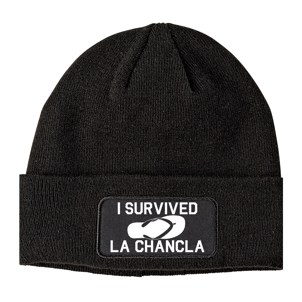I Survived The Chancla Funny Spanish Winter Knit Adult Beanie Hat Black