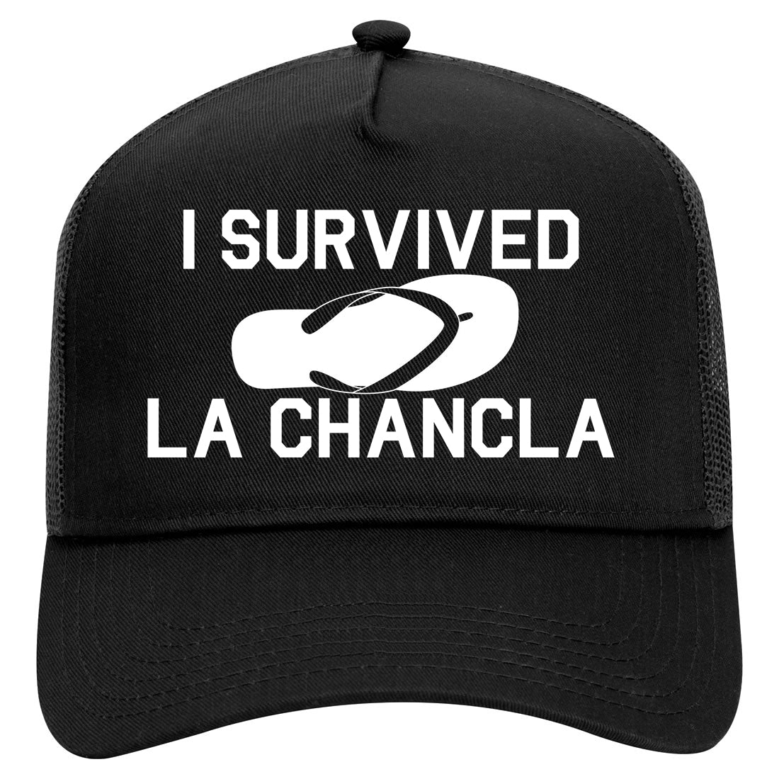 I Survived The Chancla Funny Spanish Mens Mesh Trucker Hat Black