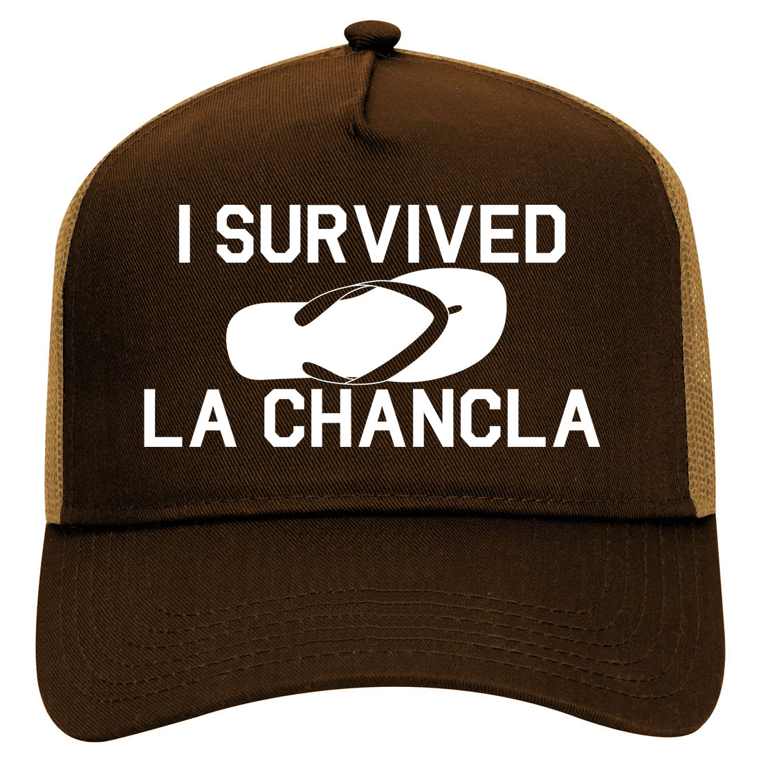 I Survived The Chancla Funny Spanish Mens Mesh Trucker Hat Brown