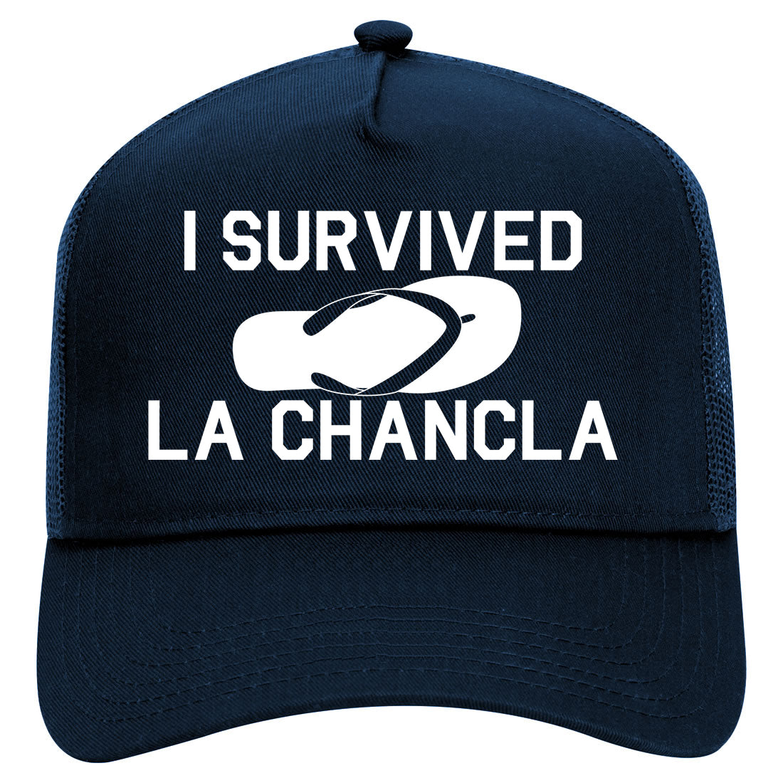 I Survived The Chancla Funny Spanish Mens Mesh Trucker Hat Navy Blue