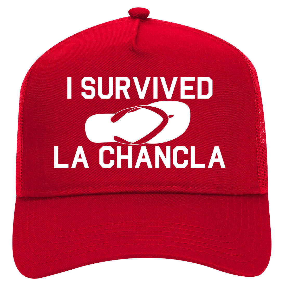 I Survived The Chancla Funny Spanish Mens Mesh Trucker Hat Red