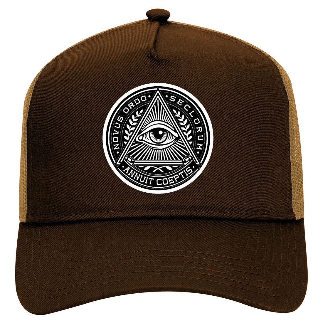 Illuminati Eye Triangle Mens Mesh Trucker Hat Brown