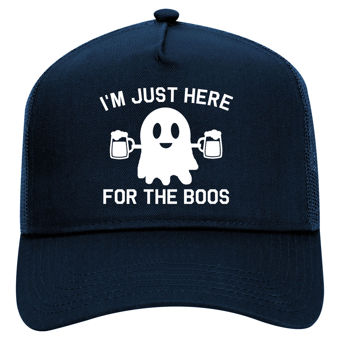 Im Just Here For The Boos Halloween Mens Mesh Trucker Hat Navy Blue