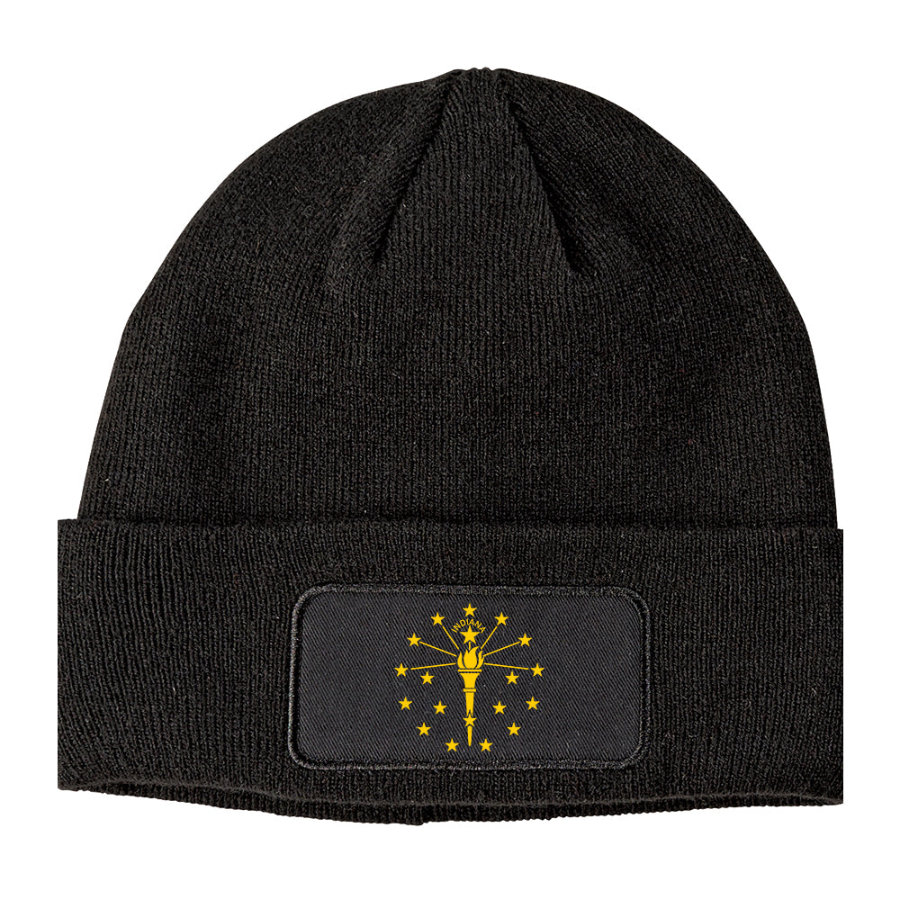 Indiana State Flag Outline Winter Knit Adult Beanie Hat Black