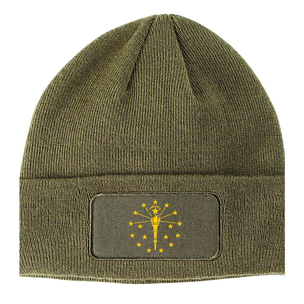 Indiana State Flag Outline Winter Knit Adult Beanie Hat Olive Green