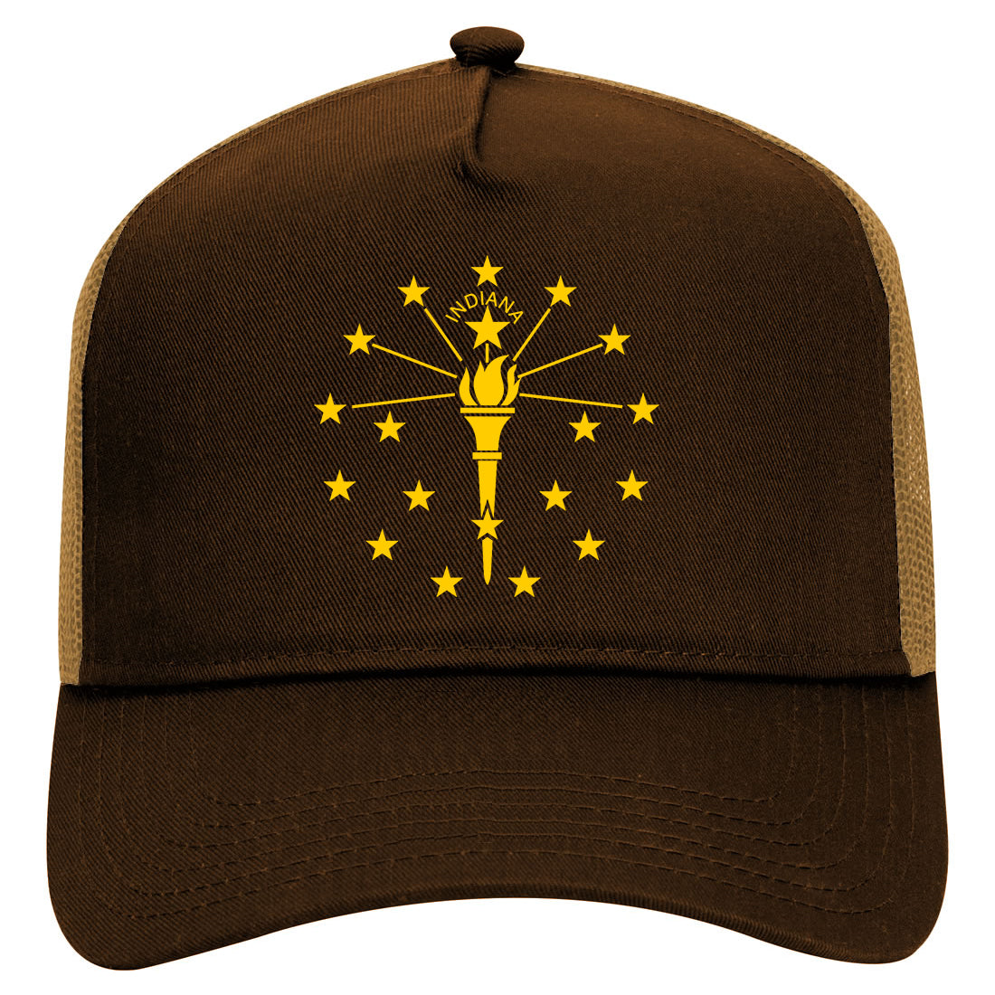 Indiana State Flag Outline Mens Mesh Trucker Hat Brown