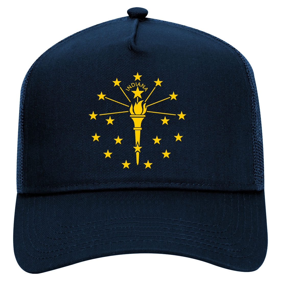 Indiana State Flag Outline Mens Mesh Trucker Hat Navy Blue