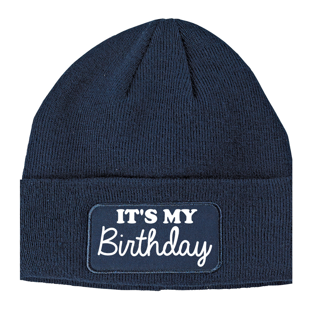 Its My Birthday Winter Knit Adult Beanie Hat Navy Blue